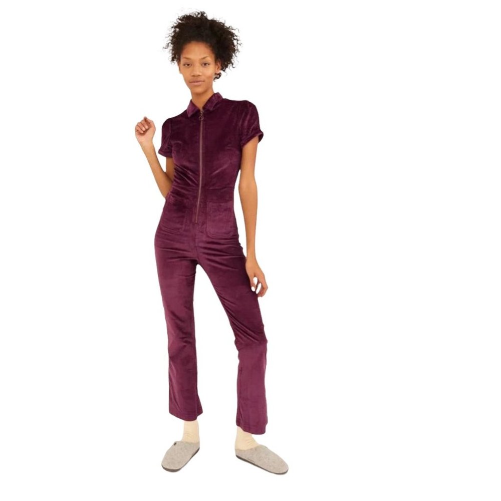 Urban Outfitters Clark Corduroy Jumpsuit Burgundy Zip Modal Front Small